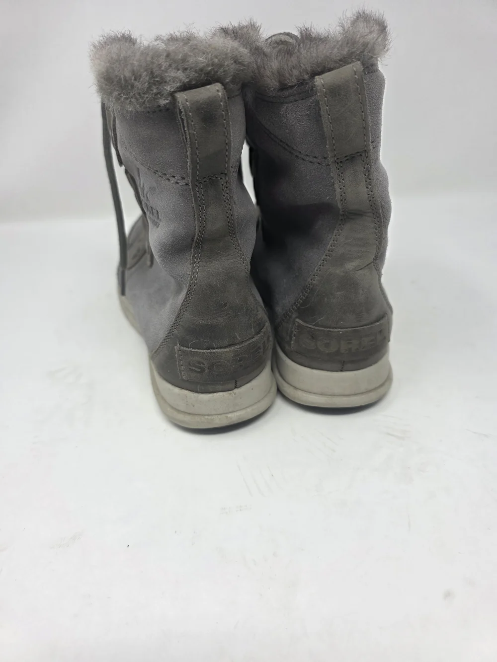 SOREL Whitney Short Lace Waterproof Boots Womens 8 Grey Faux Fur Winter